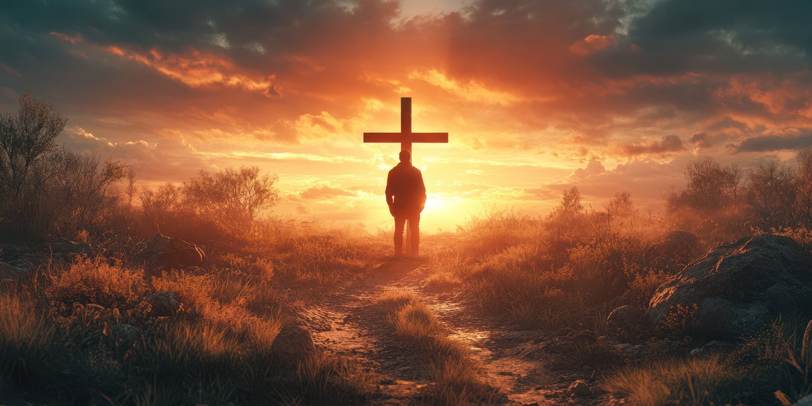 Sunset silhouette of a person standing before a large cross in a scenic landscape